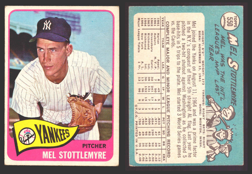 1965 Topps Baseball Trading Card You Pick Singles #500-#598 VG/EX #	550 Mel Stottlemyre RC  - TvMovieCards.com