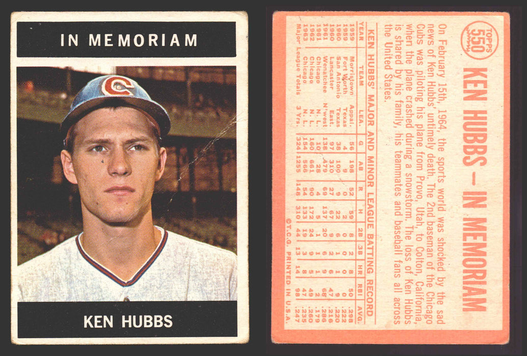 1964 Topps Baseball Trading Card You Pick Singles #300-#587 G/VG/EX #	550 Ken Hubbs MEM - Chicago Cubs (creased)  - TvMovieCards.com
