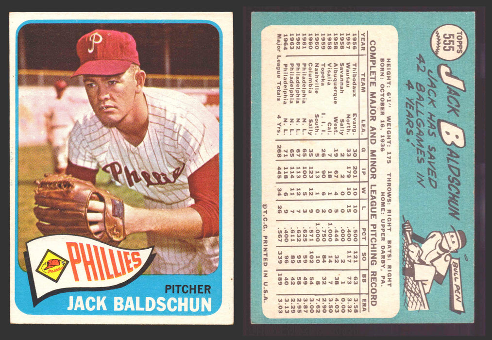 1965 Topps Baseball Trading Card You Pick Singles #500-#598 VG/EX #	555 Jack Baldschun - Philadelphia Phillies SP  - TvMovieCards.com