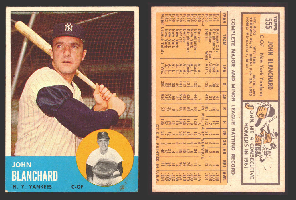 1963 Topps Baseball Trading Card You Pick Singles #500-#599 VG/EX #	555 John Blanchard - New York Yankees  - TvMovieCards.com