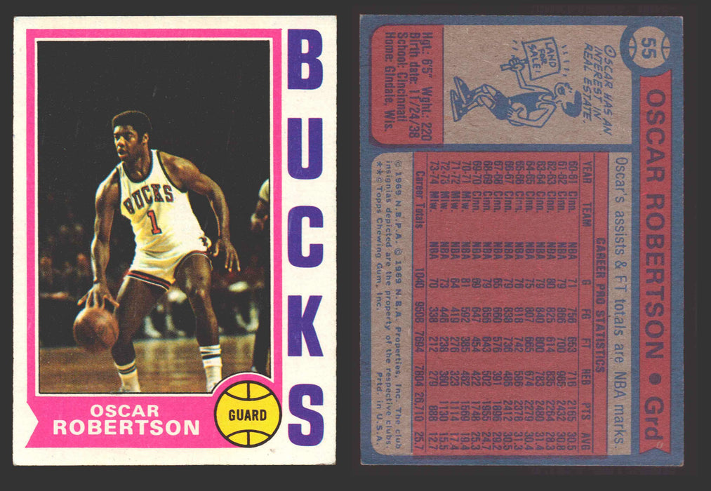 1974-75 Topps Basketball Trading Card You Pick Singles #1-#99 VG/EX #	55 Oscar Robertson - Milwaukee Bucks  - TvMovieCards.com