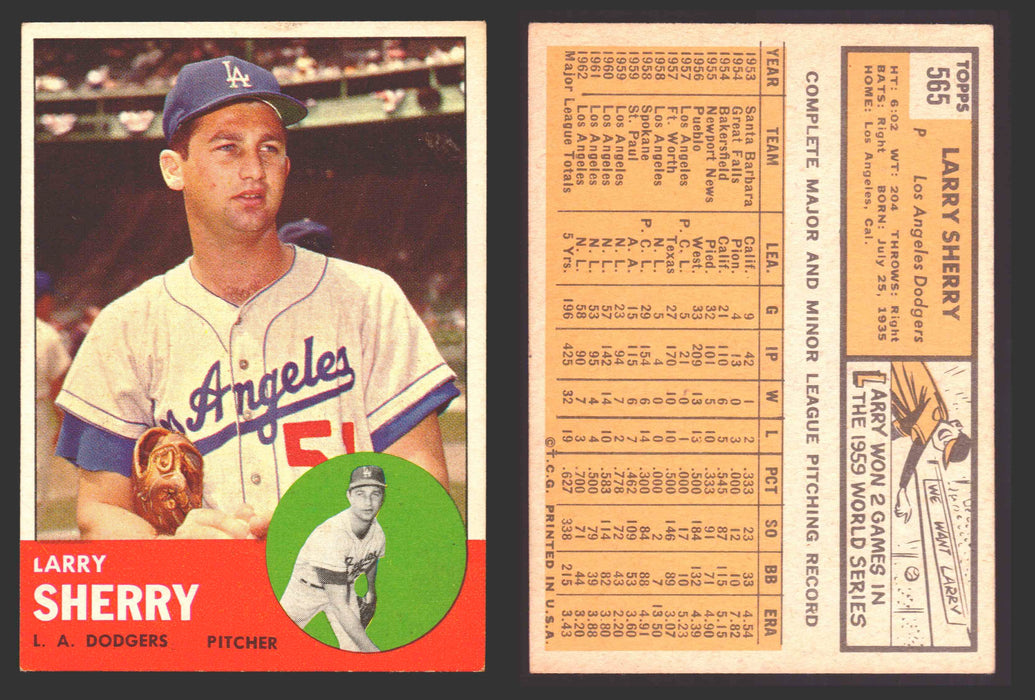 1963 Topps Baseball Trading Card You Pick Singles #500-#599 VG/EX #	565 Larry Sherry - Los Angeles Dodgers  - TvMovieCards.com