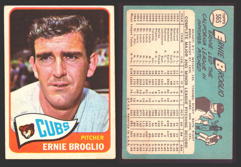 1965 Topps Baseball Trading Card You Pick Singles #500-#598 VG/EX #	565 Ernie Broglio - Chicago Cubs SP  - TvMovieCards.com