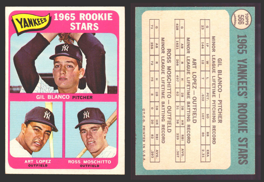 1965 Topps Baseball Trading Card You Pick Singles #500-#598 VG/EX #	566 Yankees Rookies - Gil Blanco / Art Lopez / Ross Moschitto RC  - TvMovieCards.com