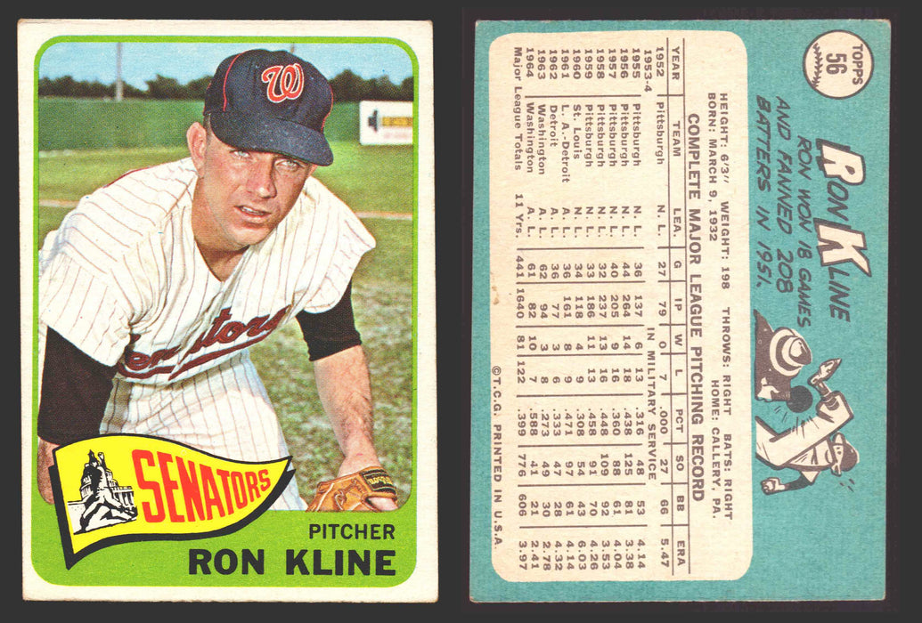 1965 Topps Baseball Trading Card You Pick Singles #1-#99 VG/EX #	56 Ron Kline - Washington Senators  - TvMovieCards.com