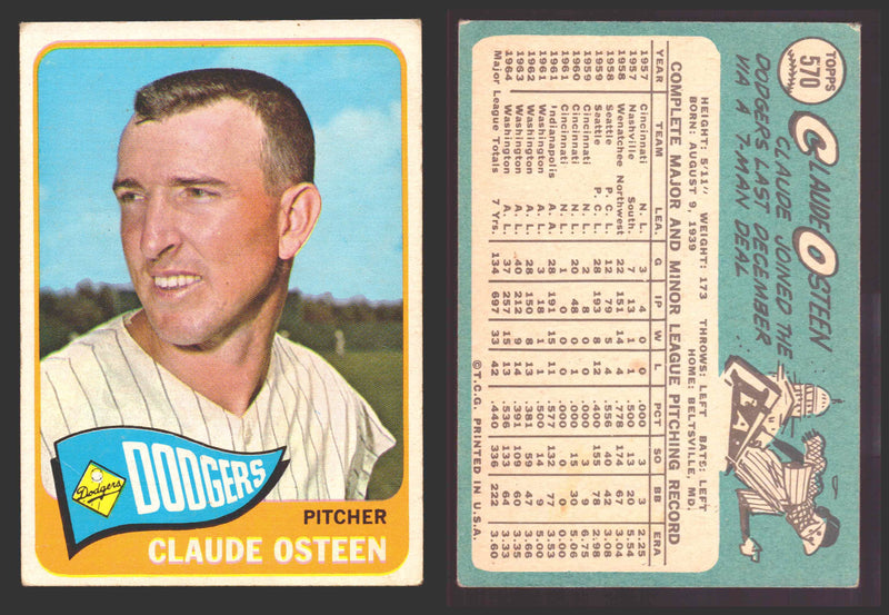 1965 Topps Baseball Trading Card You Pick Singles #500-#598 VG/EX #	570 Claude Osteen - Los Angeles Dodgers SP  - TvMovieCards.com