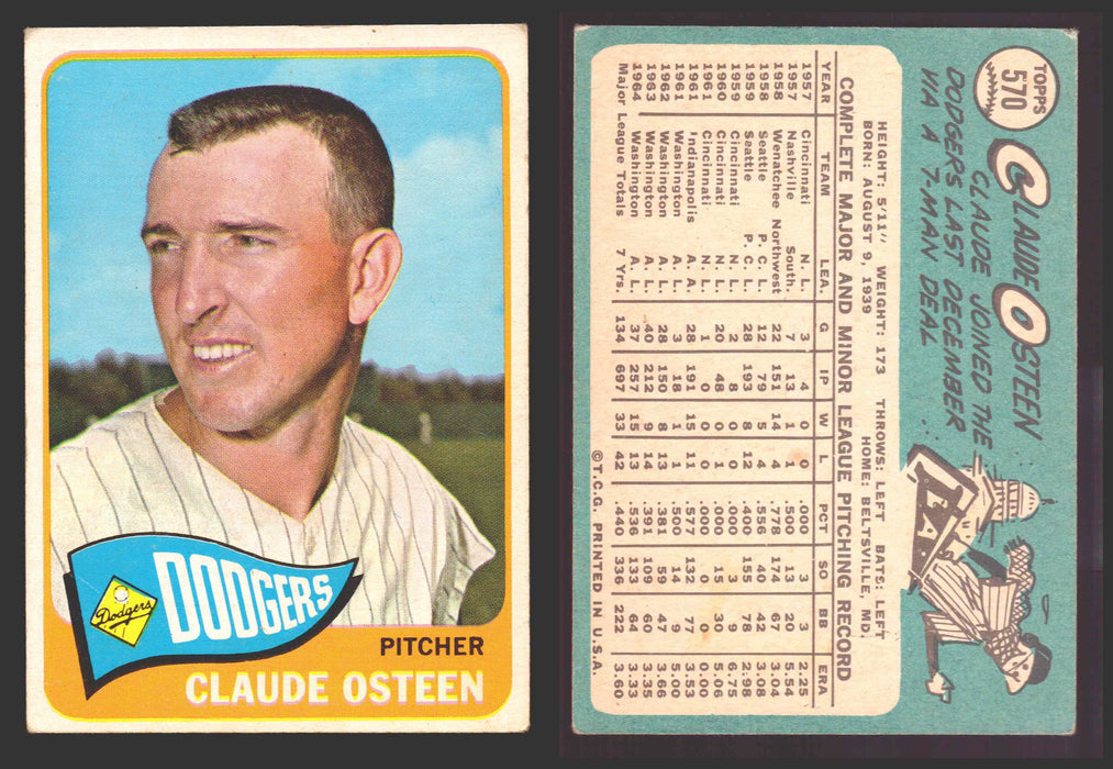 1965 Topps Baseball Trading Card You Pick Singles #500-#598 VG/EX #	570 Claude Osteen - Los Angeles Dodgers SP  - TvMovieCards.com