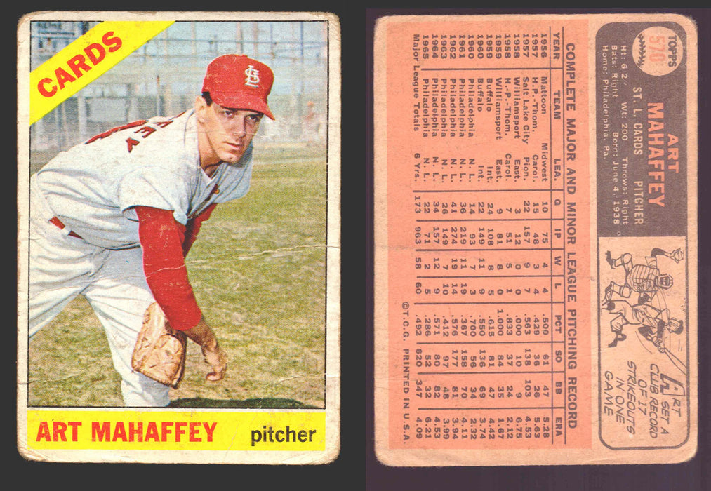 1966 Topps Baseball Trading Card You Pick Singles #400-#598VG/EX #	570 Art Mahaffey - St. Louis Cardinals SP (creased)  - TvMovieCards.com