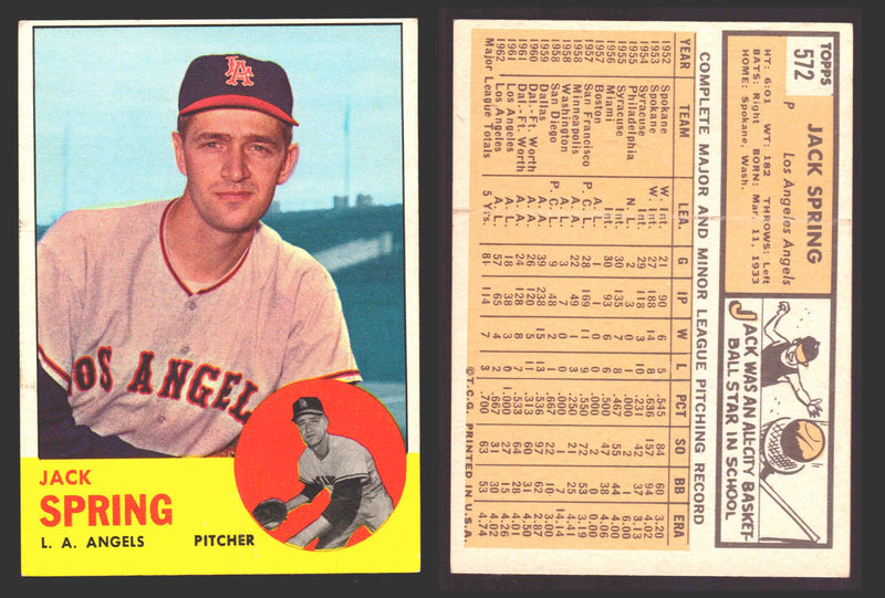 1963 Topps Baseball Trading Card You Pick Singles #500-#599 VG/EX #	572 Jack Spring - Los Angeles Angels  - TvMovieCards.com