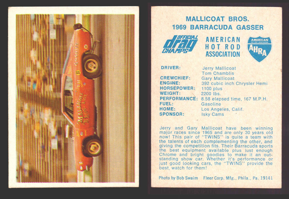 AHRA Official Drag Champs 1971 Fleer Vintage Trading Cards You Pick Singles #1-63 57   Mallicoat Bros.                                  1969 Barracuda Gasser  - TvMovieCards.com