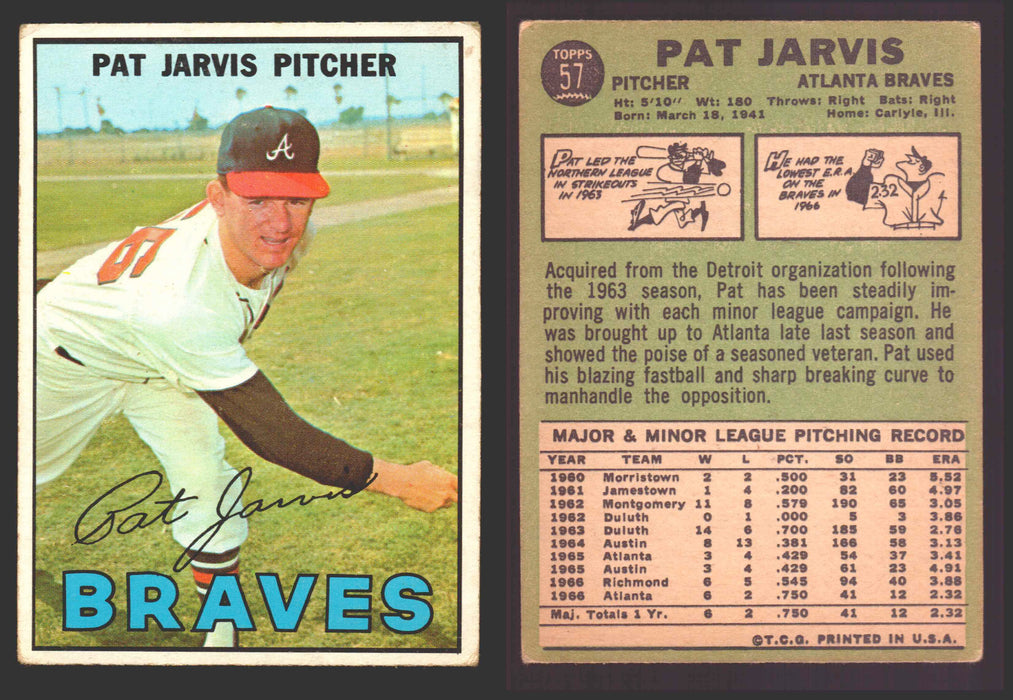 1967 Topps Baseball Trading Card You Pick Singles #1-#99 VG/EX #	57 Pat Jarvis - Atlanta Braves RC  - TvMovieCards.com