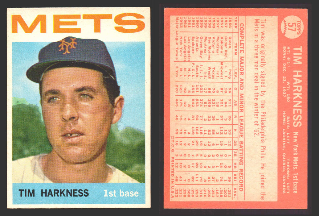 1964 Topps Baseball Trading Card You Pick Singles #1-#99 VG/EX #	57 Tim Harkness - New York Mets (creased)  - TvMovieCards.com