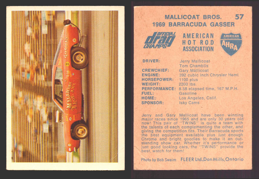 AHRA Official Drag Champs 1971 Fleer Canada Trading Cards You Pick Singles #1-63 57   Mallicoat Bros.                                  1969 Barracuda Gasser (creased)  - TvMovieCards.com
