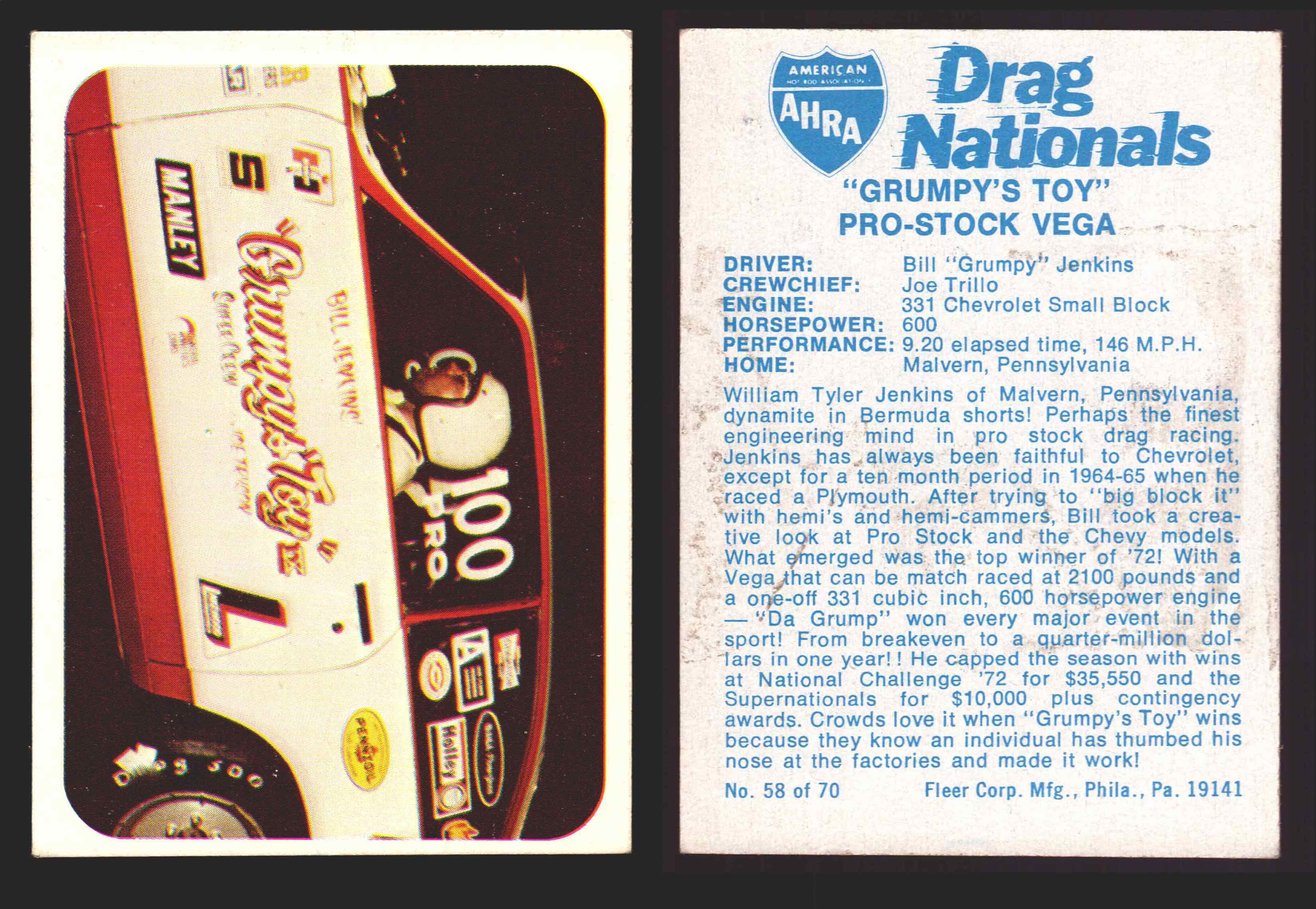 AHRA Drag Nationals 1971 Fleer USA White Trading Cards You Pick