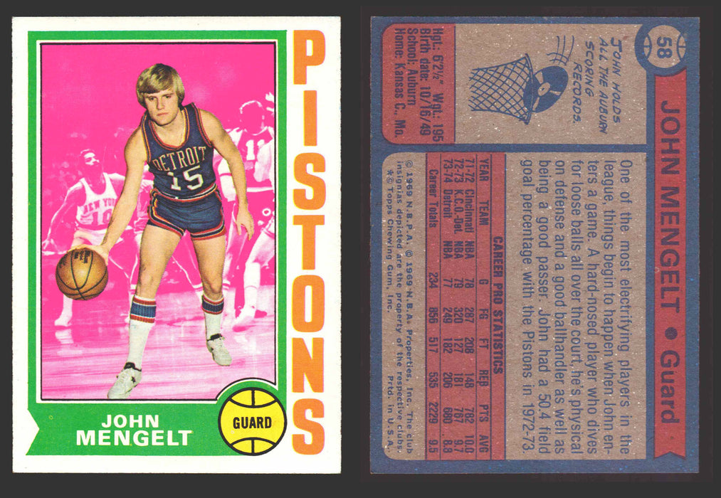 1974-75 Topps Basketball Trading Card You Pick Singles #1-#99 VG/EX #	58 John Mengelt - Detroit Pistons  - TvMovieCards.com