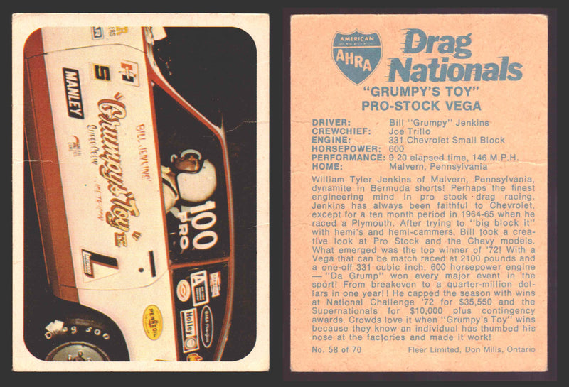 AHRA Drag Nationals 1971 Fleer Canada Trading Cards You Pick Singles #1-70 58 of 70   "Grumpy's Toy"                  Pro-Stock Vega  - TvMovieCards.com