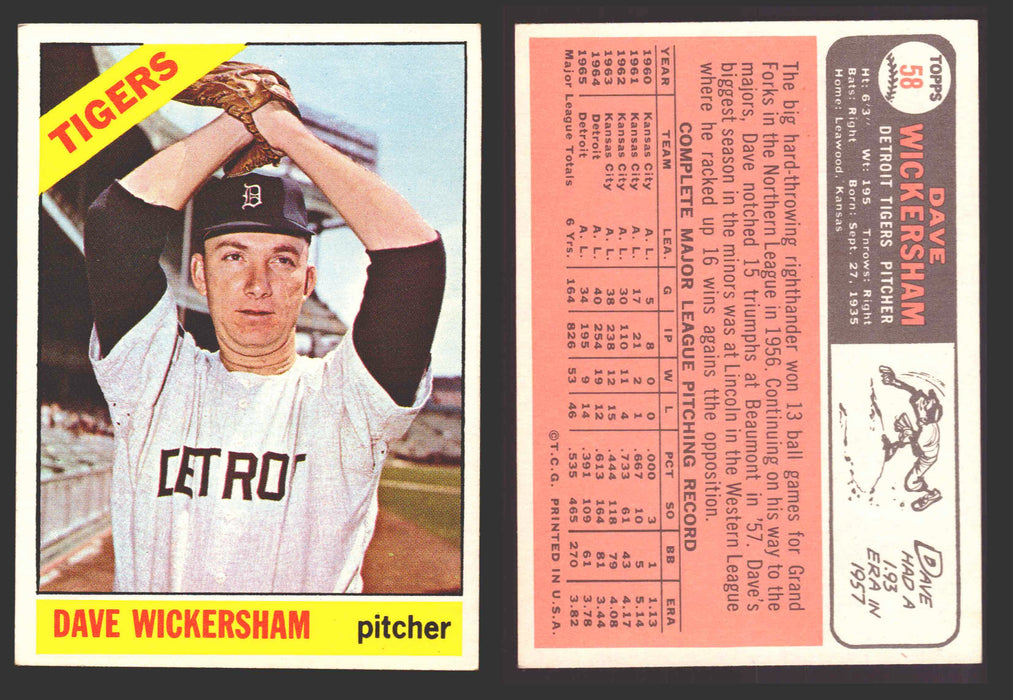 1966 Topps Baseball Trading Card You Pick Singles #1-#99 VG/EX #	58 Dave Wickersham - Detroit Tigers  - TvMovieCards.com