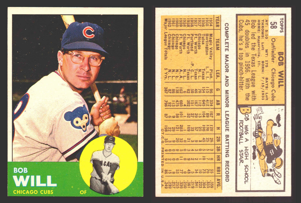 1963 Topps Baseball Trading Card You Pick Singles #1-#99 VG/EX #	58 Bob Will - Chicago Cubs  - TvMovieCards.com