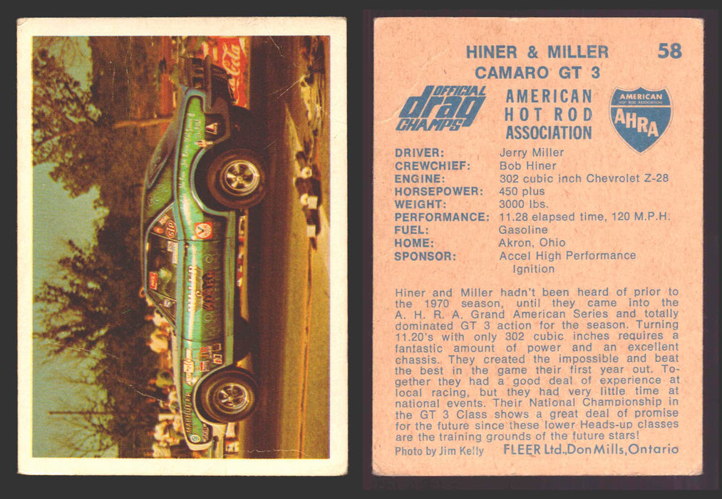 AHRA Official Drag Champs 1971 Fleer Canada Trading Cards You Pick Singles #1-63 58   Hiner & Miller                                   Camaro GT 3 (creased)  - TvMovieCards.com
