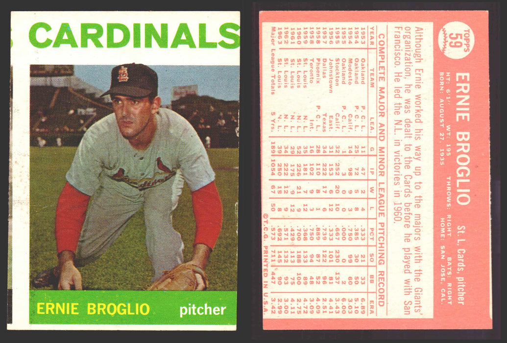 1964 Topps Baseball Trading Card You Pick Singles #1-#99 VG/EX #	59 Ernie Broglio - St. Louis Cardinals  - TvMovieCards.com