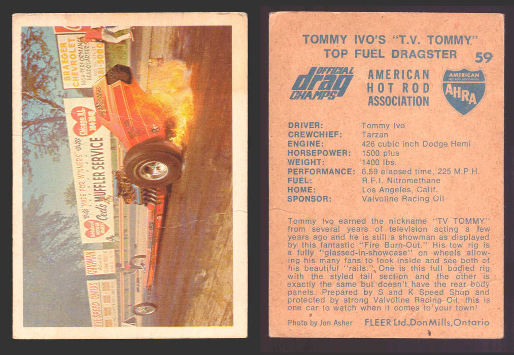 AHRA Official Drag Champs 1971 Fleer Canada Trading Cards You Pick Singles #1-63 59   Tommy Ivo's "T.V. Tommy"                         Top Fuel Dragster (creased)  - TvMovieCards.com