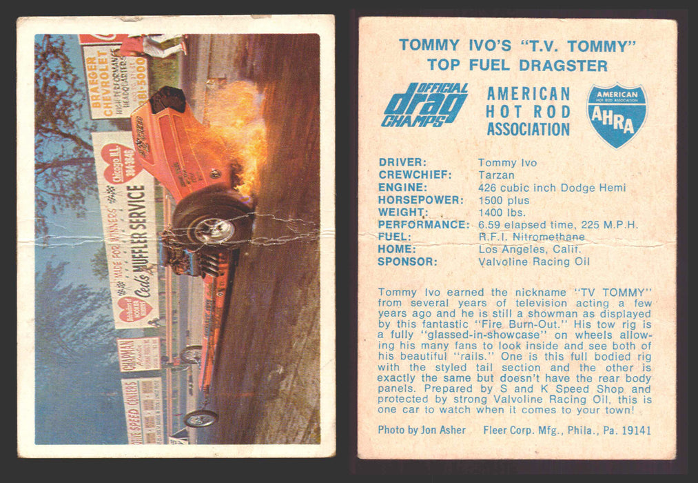 AHRA Official Drag Champs 1971 Fleer Vintage Trading Cards You Pick Singles #1-63 59   Tommy Ivo's "T.V. Tommy"                         Top Fuel Dragster (creased)  - TvMovieCards.com