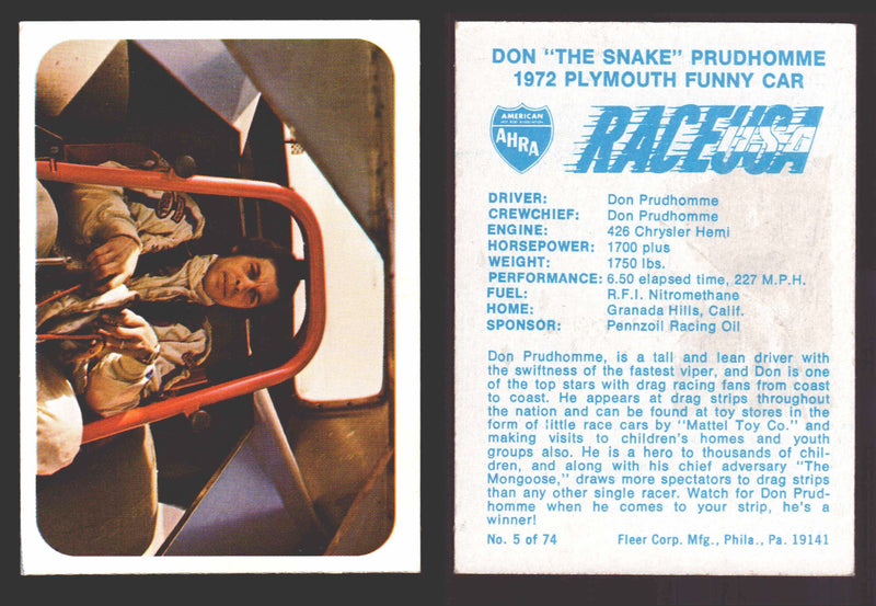 Race USA AHRA Drag Champs 1973 Fleer Vintage Trading Cards You Pick Singles 5 of 74    Don "The Snake" Prudhomme  - TvMovieCards.com