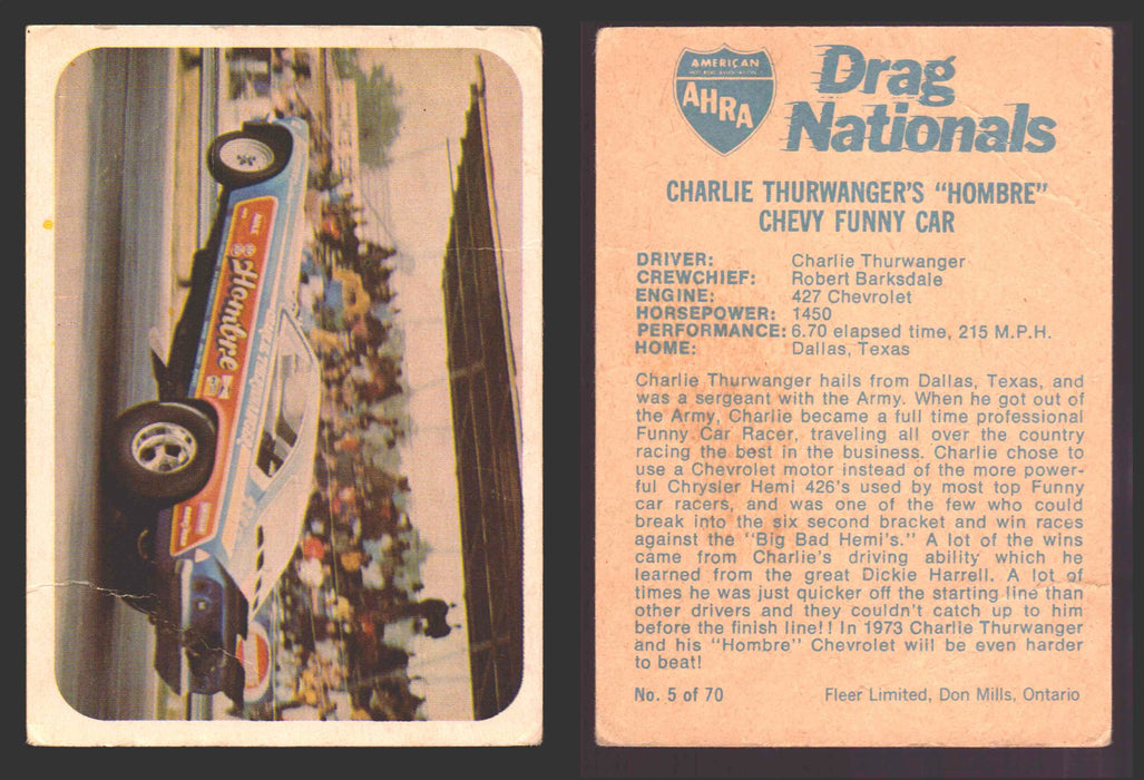 AHRA Drag Nationals 1971 Fleer Canada Trading Cards You Pick Singles #1-70 5 of 70   Charlie Therwanger's "Hombre"   Chevy Funny Car  - TvMovieCards.com