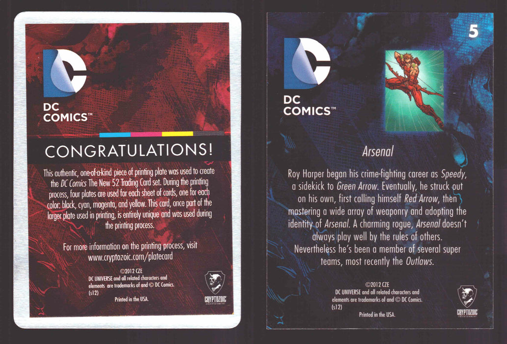 2012 DC Comics The New 52 Base Card Printing Plate 1/1 #5 Arsenal Magenta   - TvMovieCards.com