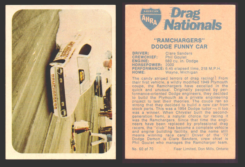 AHRA Drag Nationals 1971 Fleer Canada Trading Cards You Pick Singles #1-70 60 of 70   "Ramchargers"                   Dodge Funny Car  - TvMovieCards.com