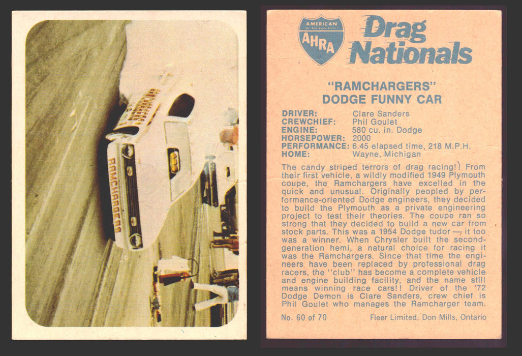 AHRA Drag Nationals 1971 Fleer Canada Trading Cards You Pick Singles #1-70 60 of 70   "Ramchargers"                   Dodge Funny Car  - TvMovieCards.com