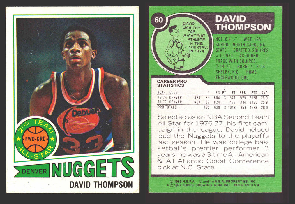 1977-78 Topps Basketball Trading Card You Pick Singles #1-#132 VG/EX #	60 David Thompson - Denver Nuggets AS  - TvMovieCards.com