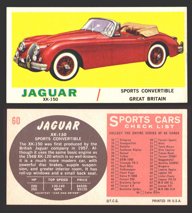 1961 Topps Sports Cars (White Back) Vintage Trading Cards #1-#66 You Pick Singles #60   Jaguar XK-150 / Checklist  - TvMovieCards.com