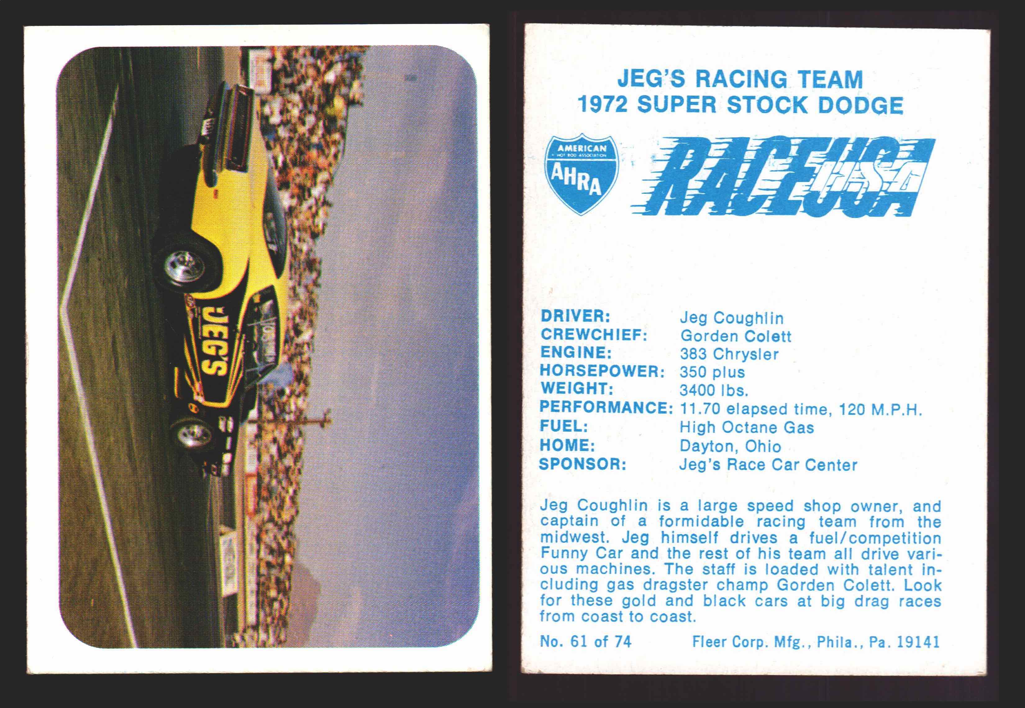 Race USA AHRA Drag Champs 1973 Fleer Vintage Trading Cards You