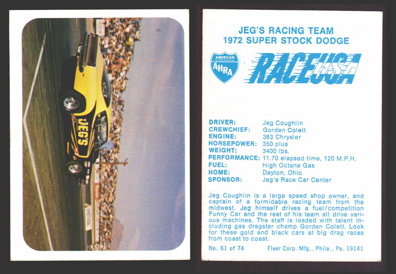 Race USA AHRA Drag Champs 1973 Fleer Vintage Trading Cards You Pick Singles 61 of 74   Jeg's Racing Team  - TvMovieCards.com