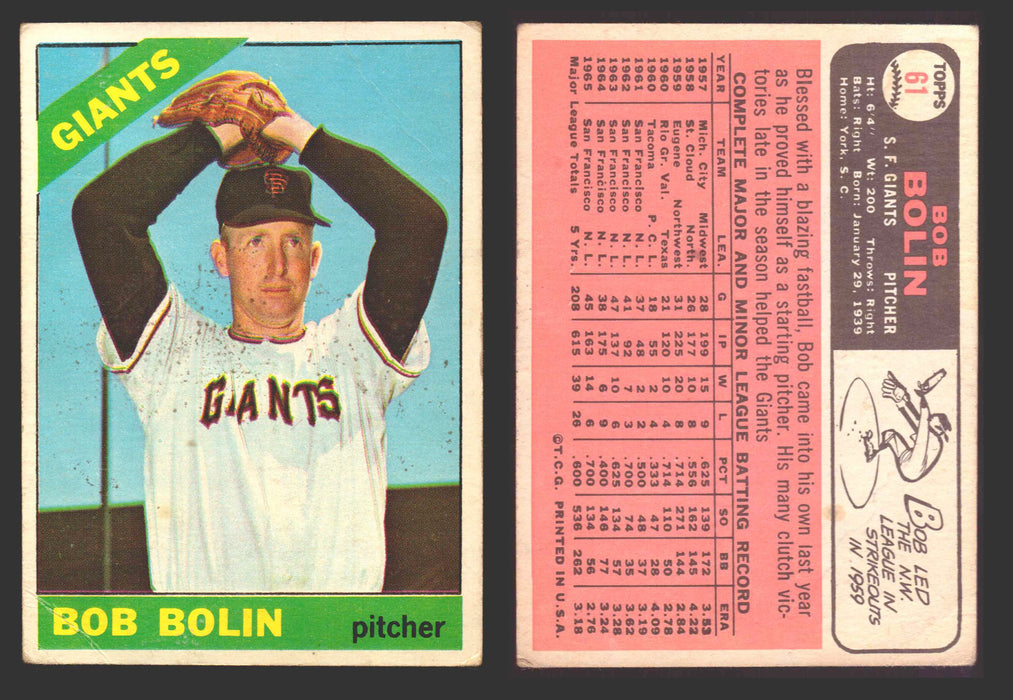 1966 Topps Baseball Trading Card You Pick Singles #1-#99 VG/EX #	61 Bobby Bolin - San Francisco Giants (creased)  - TvMovieCards.com