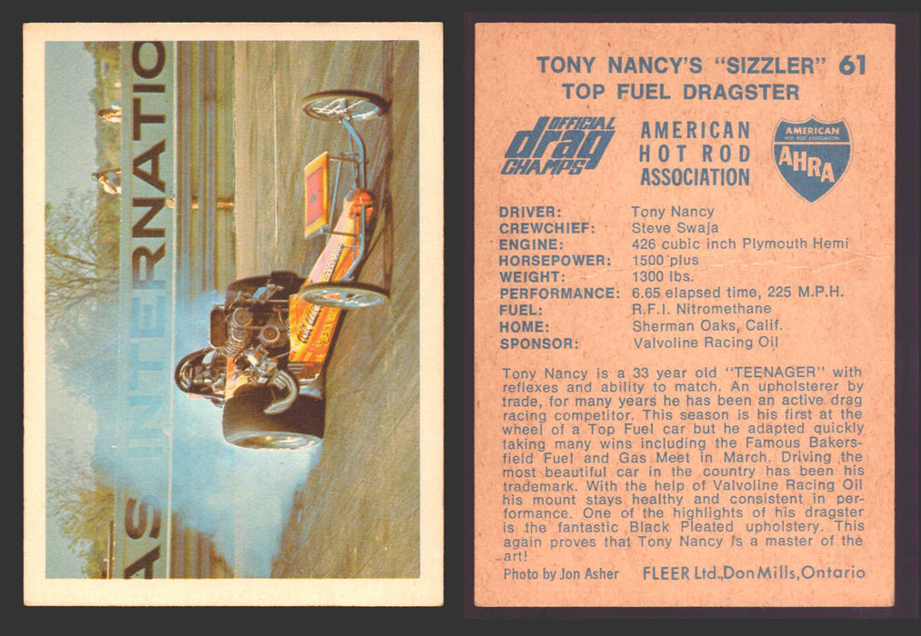 AHRA Official Drag Champs 1971 Fleer Canada Trading Cards You Pick Singles #1-63 61   Tony Nancy's "Sizzler"  - TvMovieCards.com