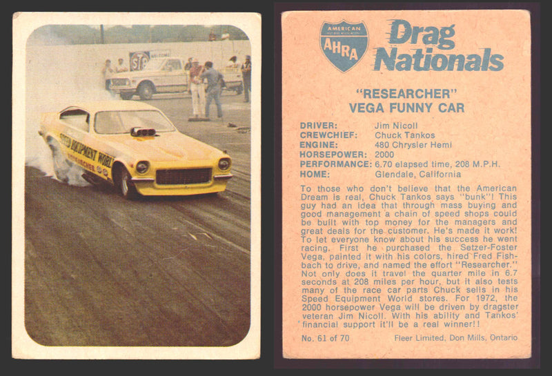 AHRA Drag Nationals 1971 Fleer Canada Trading Cards You Pick Singles #1-70 61 of 70   "Researcher"                    Vega Funny Car  - TvMovieCards.com