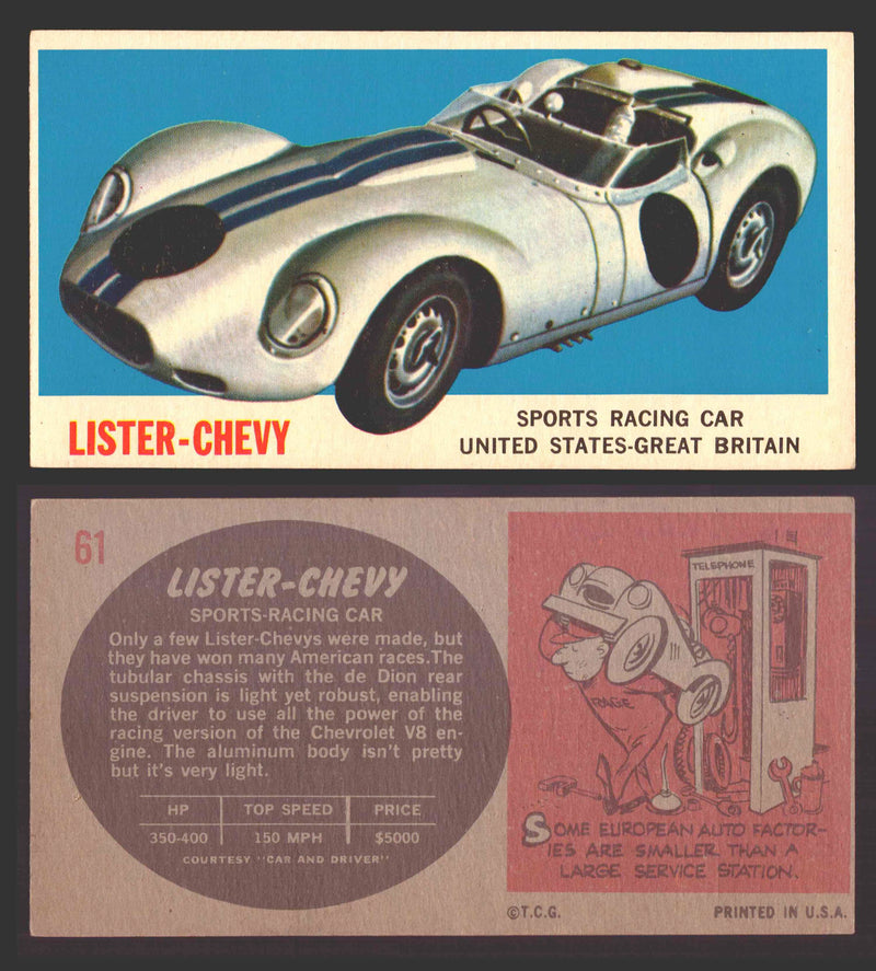 1961 Topps Sports Cars (Gray Back) Vintage Trading Cards #1-#66 You Pick Singles #61 Lister-Chevy  - TvMovieCards.com