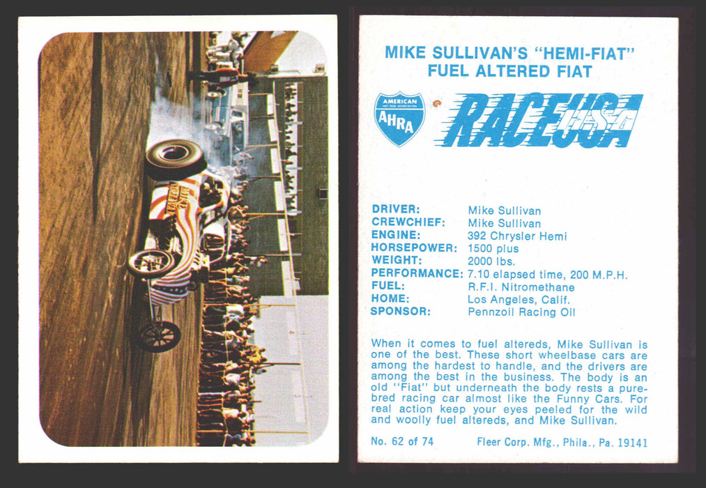 Race USA AHRA Drag Champs 1973 Fleer Vintage Trading Cards You Pick Singles 62 of 74   Mike Sullivan's "Hemi-Fiat"  - TvMovieCards.com