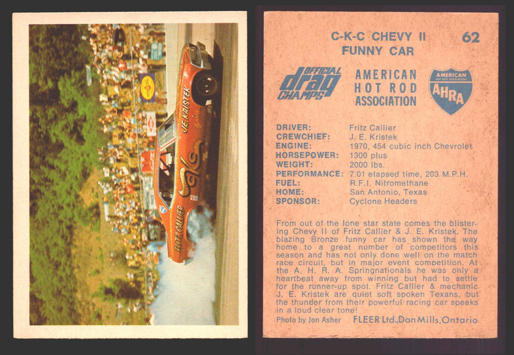 AHRA Official Drag Champs 1971 Fleer Canada Trading Cards You Pick Singles #1-63 62   C-K-C Chevy II                                   Funny Car  - TvMovieCards.com