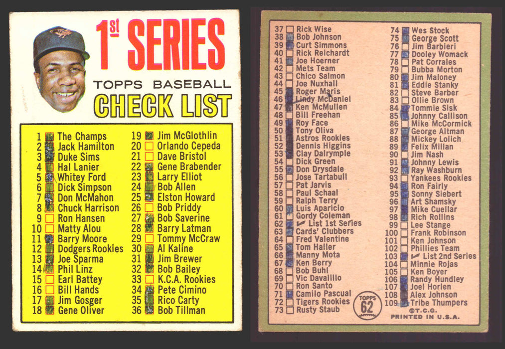 1967 Topps Baseball Trading Card You Pick Singles #1-#99 VG/EX #	62 Checklist (#1-109) Frank Robinson - Baltimore Orioles (marked)  - TvMovieCards.com