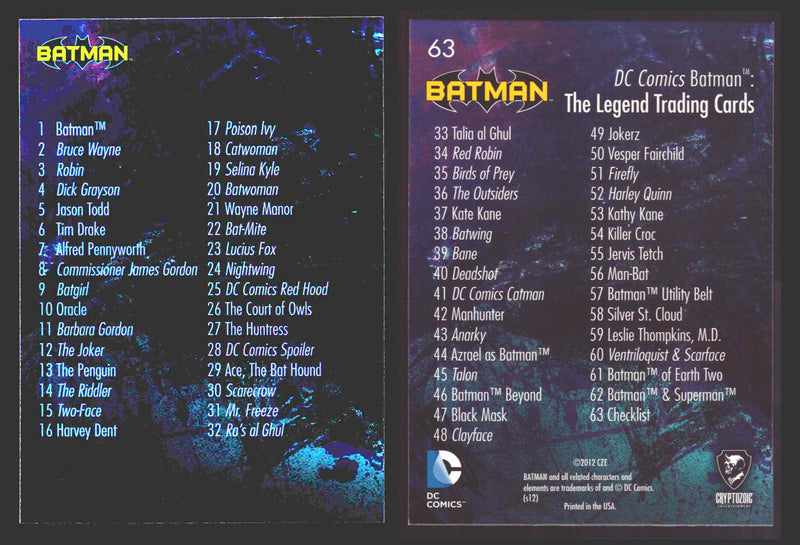 DC Comics Batman The Legend Parallel HoloFoil Base Trading Card Singles #1-63