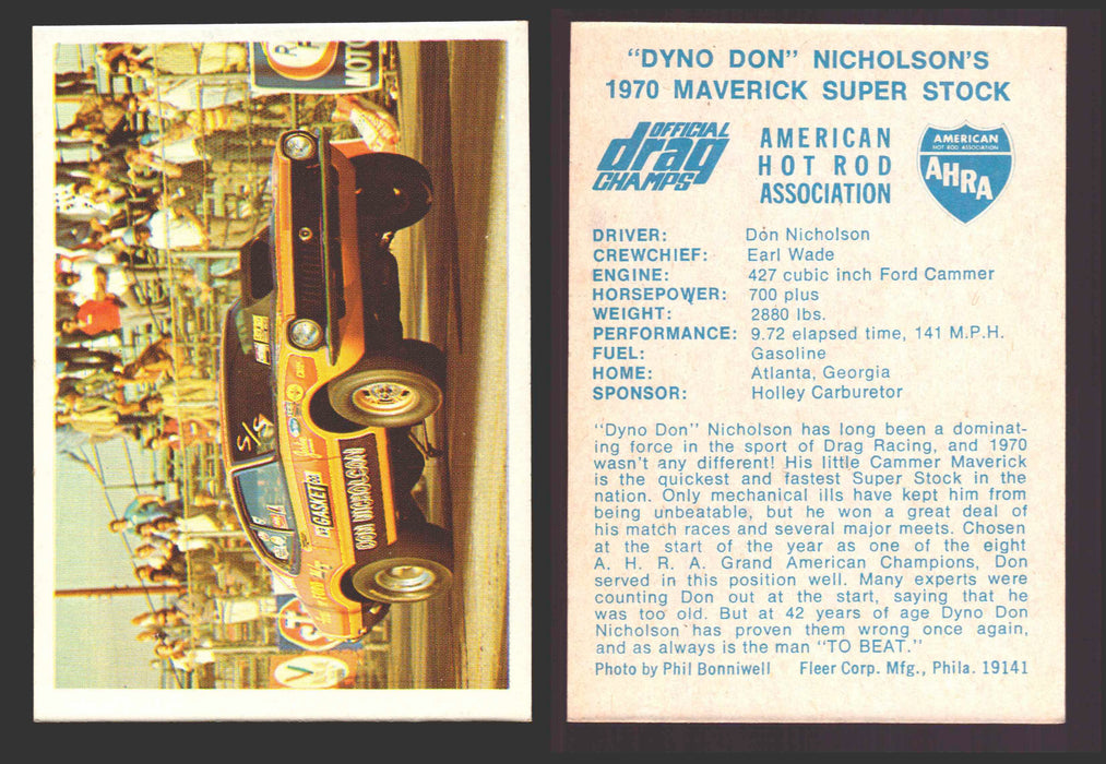 AHRA Official Drag Champs 1971 Fleer Vintage Trading Cards You Pick Singles #1-63 63   "Dyno Don" Nicholson's                           1970 Maverick Super Stock  - TvMovieCards.com