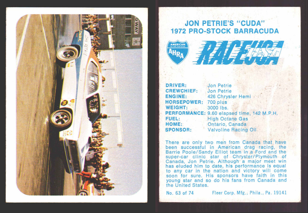 Race USA AHRA Drag Champs 1973 Fleer Vintage Trading Cards You Pick Singles 63 of 74   Jon Petrie's Cuda  - TvMovieCards.com