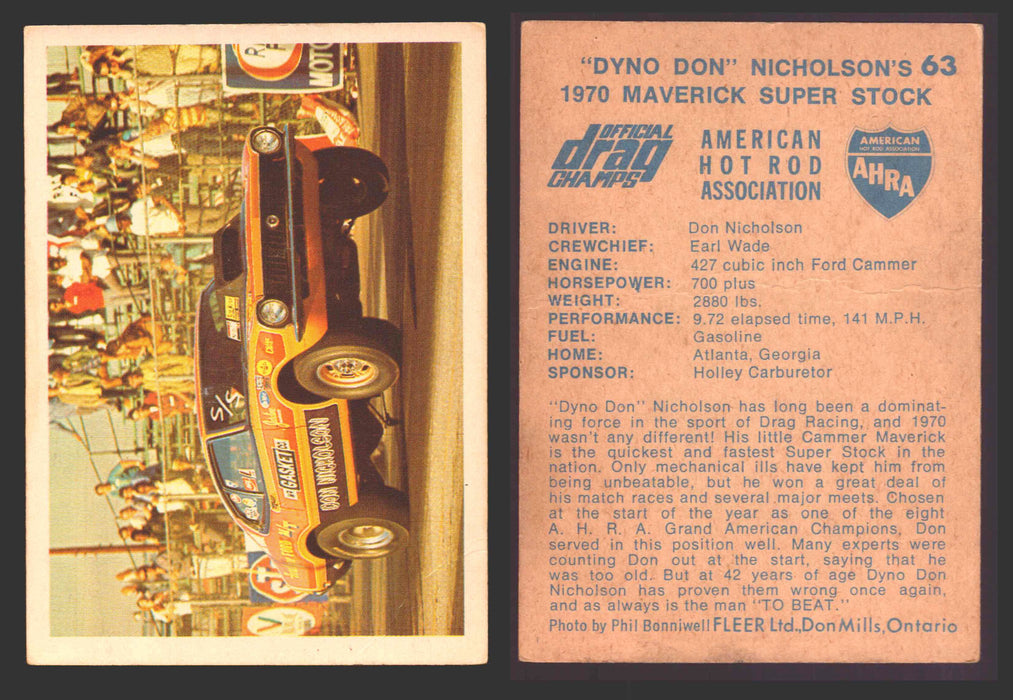 AHRA Official Drag Champs 1971 Fleer Canada Trading Cards You Pick Singles #1-63 63   "Dyno Don" Nicholson's                           1970 Maverick Super Stock (creased)  - TvMovieCards.com