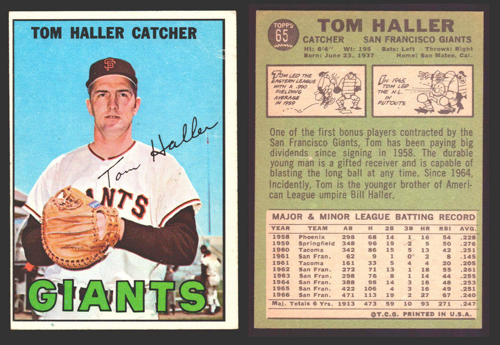1967 Topps Baseball Trading Card You Pick Singles #1-#99 VG/EX #	65 Tom Haller - San Francisco Giants  - TvMovieCards.com