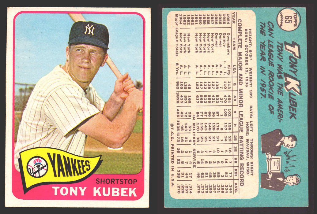 1965 Topps Baseball Trading Card You Pick Singles #1-#99 VG/EX #	65 Tony Kubek - New York Yankees  - TvMovieCards.com