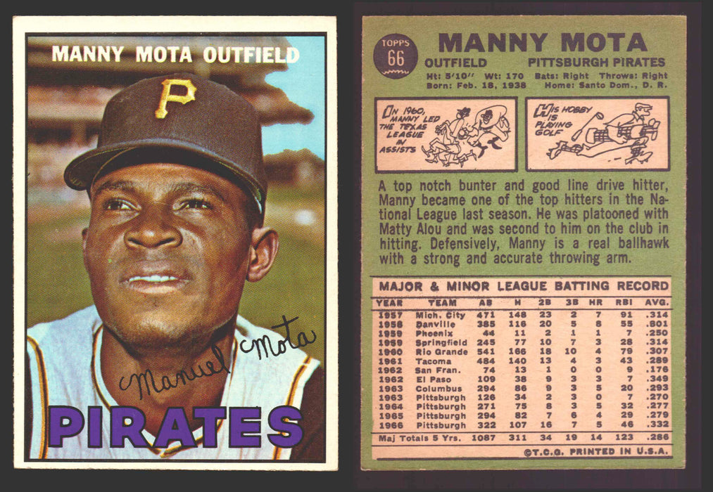 1967 Topps Baseball Trading Card You Pick Singles #1-#99 VG/EX #	66 Manny Mota - Pittsburgh Pirates  - TvMovieCards.com
