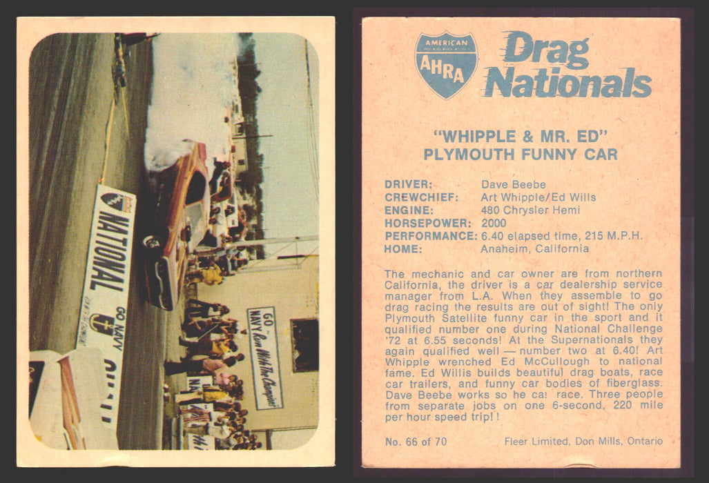 AHRA Drag Nationals 1971 Fleer Canada Trading Cards You Pick Singles #1-70 66 of 70   Whipple & Mr. Ed Funny Car  - TvMovieCards.com